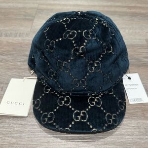 Gucci Double GG Logo Sapphire Blue Gold Velvet Baseball Cap Hat
